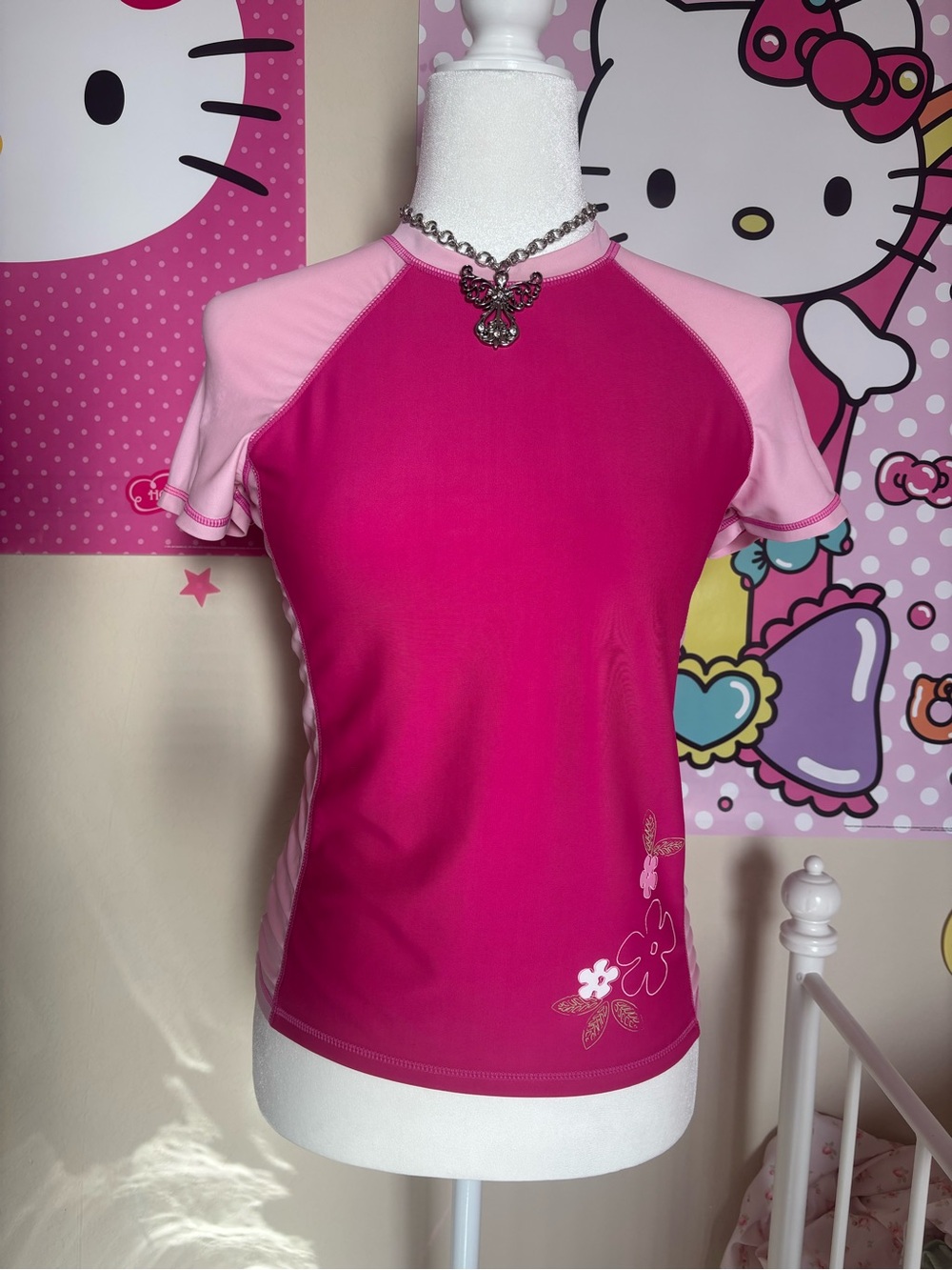 Y2K hot pink with pastel pink and cute floral design swim top